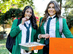 Horny girls with dark hair enjoying banging outside