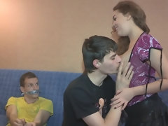 Mamada, Cornudo, Europeo, Novia, Bragas, Coño, Montar, Ruso