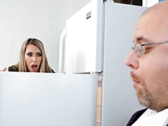 Grosser schwanz, Blondine, Hundestellung, Brille, Büro, Sekretärin, Dürr, Strümpfe