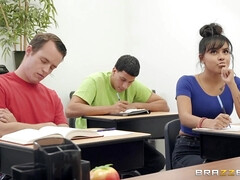 Bosomed black teacher with glasses gets eaten out and screwed in the classroom