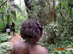 Black Ebony African Teens Strolling Down The Jungle Run Into Big Tits MILF Hungry For Fresh Pussy To Lick And Eat - Threesome