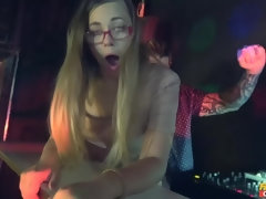A sexy nerd chick gets fucked against the wall at a night club