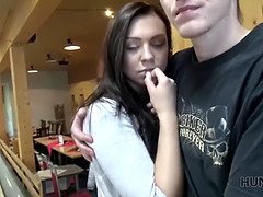 French teen with big tits gets a hard fuck in POV while her cuckold hubby watches