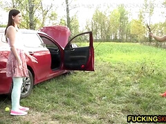 Naughty teen gets pounded in the trunk of a forest car