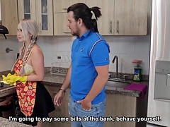 Busty blonde pigtailed wife cheating in the kitchen - amateur reality hardcore
