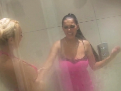 Jasmine Black and Stacey Saran fuck a big dick in bathroom