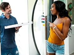 Ebony beauty Lacey London enjoys pizza with a side of dick