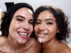 Sucer une bite, Faciale, 2 femmes 1 homme, Léchez, Chatte, Nénés