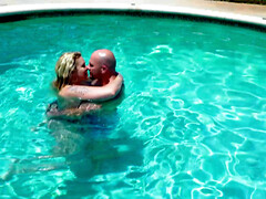 Sex with busty Ryan Conner near the pool and creampie