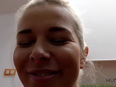 Watch how this blonde GF gets her pussy sold and her cuckold partner watches on couch
