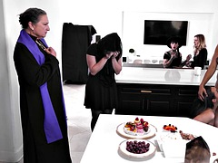 MILF Bella Rolland lesbian sex at the funeral with black Kira Noir for free