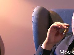 MILF in stockings deepthroats cigar smoking stud