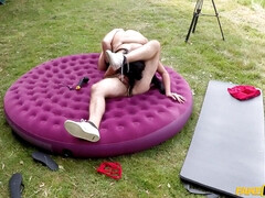 Brown-eyed bitch with juicy melons gets screwed outdoors