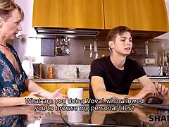 Blondine, Blasen, Paar, Hd, Küche, Reif, Strümpfe, Titten