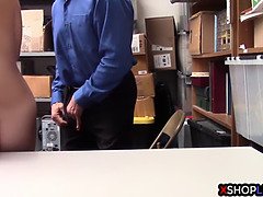 Brunette teen thief busted and fucked by a security guy