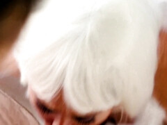 Beautiful angel in white stockings gets fucked on the couch