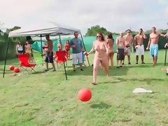 Slim girls took off their clothes in a public place