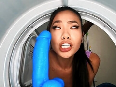 Petite Asian teen and busty Ebony roommate have fun in bathroom