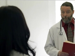 Bearded doctor checks brunette woman's asshole using hard dick