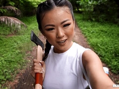アジア人, お尻, デカチン, フェラチオ, 茶髪の, ハードコア, 小柄, ティーン