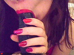 Hand-job, red nails, red lips