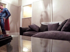 Slutty cosplay chick pleasures two horny guys in the living room