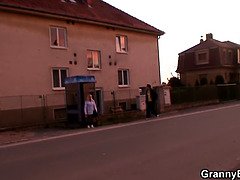 Blonde granny in stockings rides stranger's cock