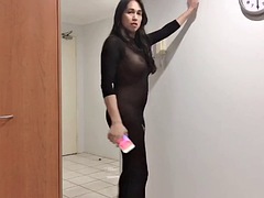 アジア人, デカチン, デカパイ, 下着, オナニー, シーメール, 一人, オッパイの
