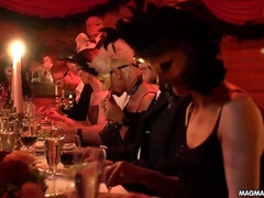 Fetish Cosplay Swinger Party - Redhead and blonde masked MILFs in group orgy