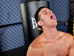 Muscular jock takes off jockstrap before being jerked off to cum