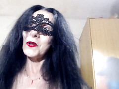 Italian Granny in Mask Dirty Talks While Showing Feet in Tight Stockings