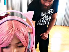 Ebony gaming babe with pink hair gets her throat and twat fucked