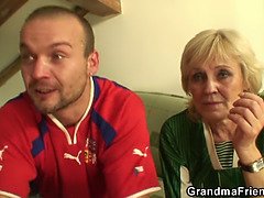 Skinny granny in stockings riding and sucking