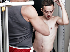 Skinny twink barebacked by gym DILF with muscles