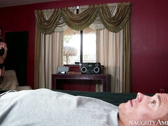 Kendra Lust in a silk stockings and a black lingerie seducing young stud