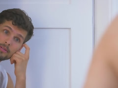 Schlafzimmer, Braunhaarige, Paar, Aufs gesicht abspritzen, Hd, Lecken, Natürlichen titten, Muschi