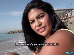 Amerikaans, Strand, Grote kont, Pijpbeurt, Vriendin, Latijnse vrouw, Openbaar, Tatoeage