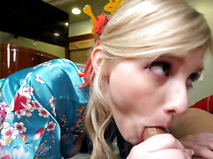 Aziatisch, Blond, Pijpbeurt, Sperma in gezicht