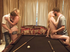 Candy White and Krystal Kash getting both fucked on the pool table