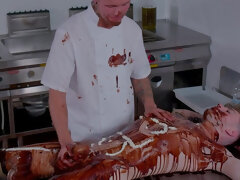 Chocolate food play in a BDSM video with a twink slut