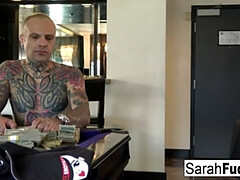 Car Jacker Sarah Jessie follows the guy to the Hotel room to fuck him!