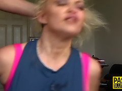 Tattooed submissive sucks cock and gets banged