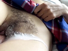 Asian Stepdad's Hairy Cunt Creampie Close-Up