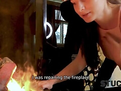 STUCK4K. Cleaning the fireplace leads to getting trapped for a sexy babe