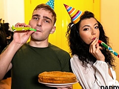 Gorgeous brunette with nice ass Mini Mitzix jumps on a huge dick