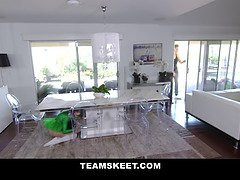 Curvy brunette Liv Wild gives a teasing mouthjob to muscular stud and takes his load on her face