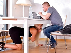 Spicy blonde model Katy Sky is sucking a big cock on the knees