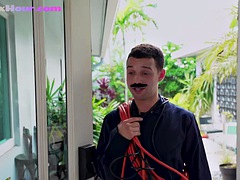 Redhead booty babe riding electrician cock