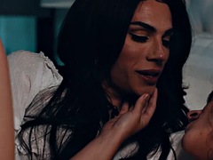 美女, フェラチオ, 茶髪の, キス, なめる, オナニー, シーメール, オッパイの