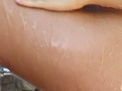 美女, ブロンド, 茶髪の, オナニー, アウトドア, プール, 剃毛, オッパイの